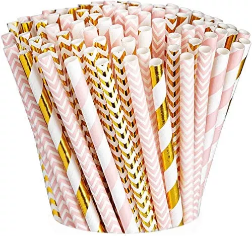 [200 Pack] Pink & Gold Paper Drinking Straws 100% Biodegradable Multi-Pattern Party Straws