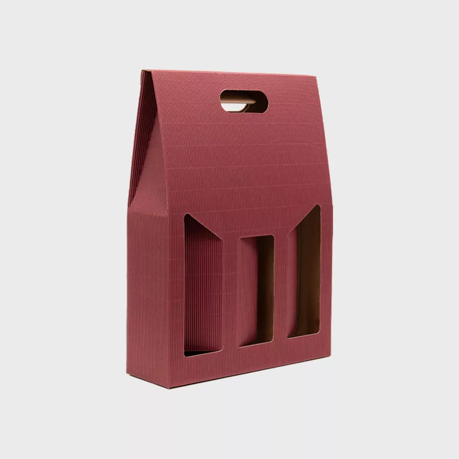 3 Bottle burgundy fluted gift box with windows