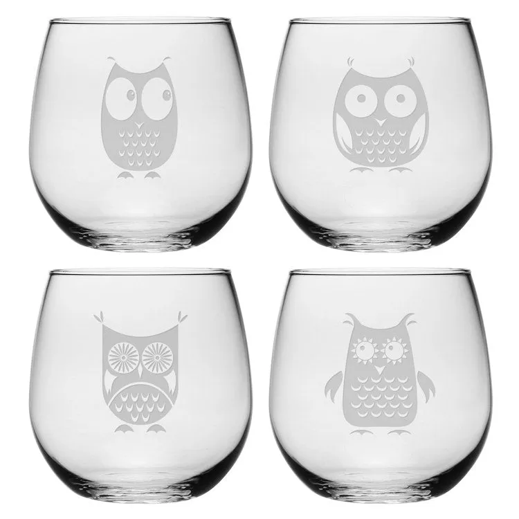 Assorted Owls Stemless Wine Glass Set