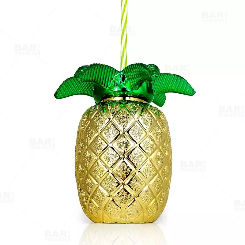 BarConic Plastic Gold Pineapple Drinking Cup w/ Lid and Straw - 24oz