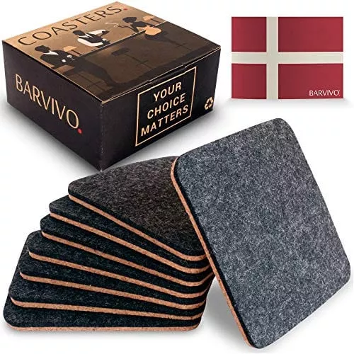 BARVIVO Black Coasters for Drinks Absorbent Set of 8 - Perfect Two Sided Drink Coasters for Wooden Table Protection with a Scratch Preventing Cork Side and an Instant Condensation Absorbing Felt Side