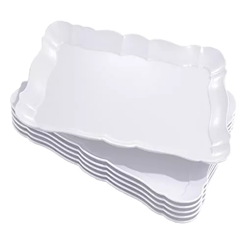 BBG 6 Pack Rectangle White Plastic Serving Trays, 15 x 10 Heavy Duty Serving Platters, Reusable Trays Perfect For Wedding, Parties & Buffet