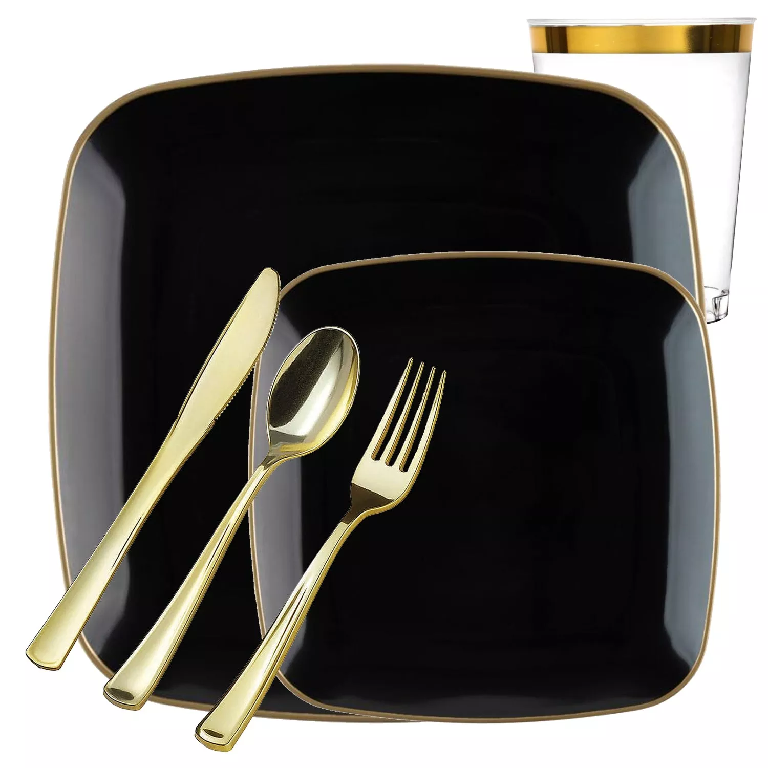 Black with Gold Rim Plastic Dinnerware Set- Value Pack-Orchid