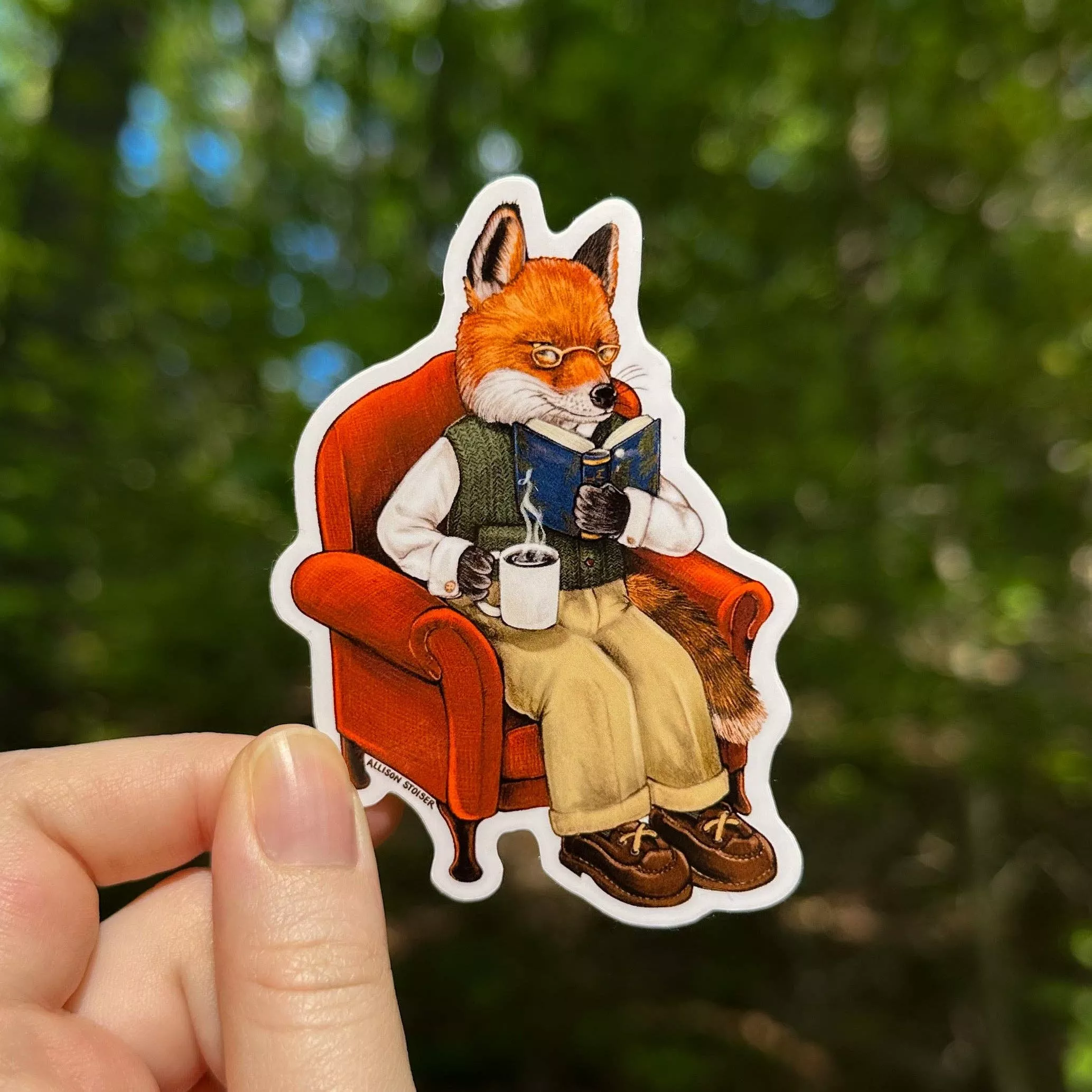 Bookish Red Fox with Coffee Vinyl Sticker
