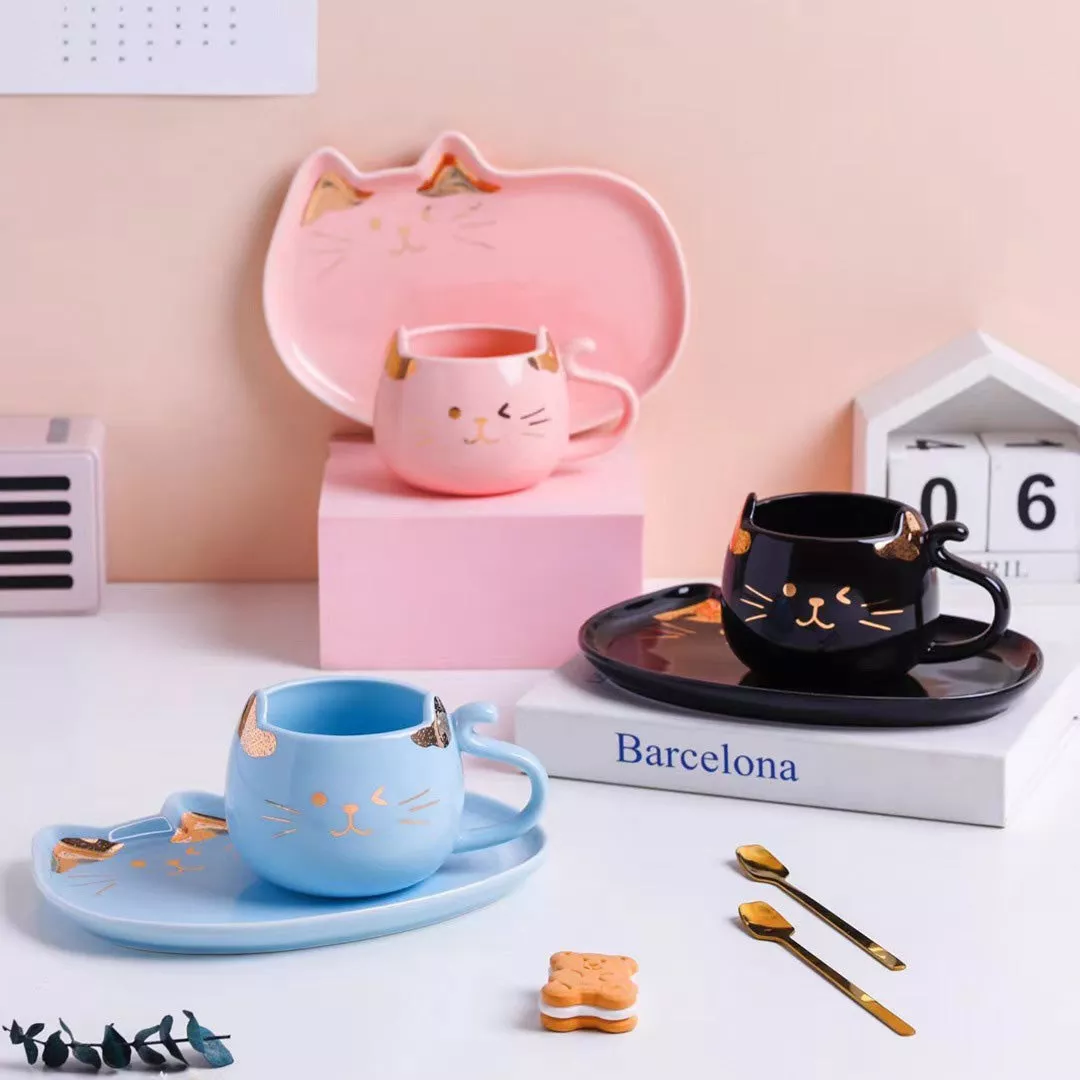 Cat Mug And Plate|Blue&Black&Pink