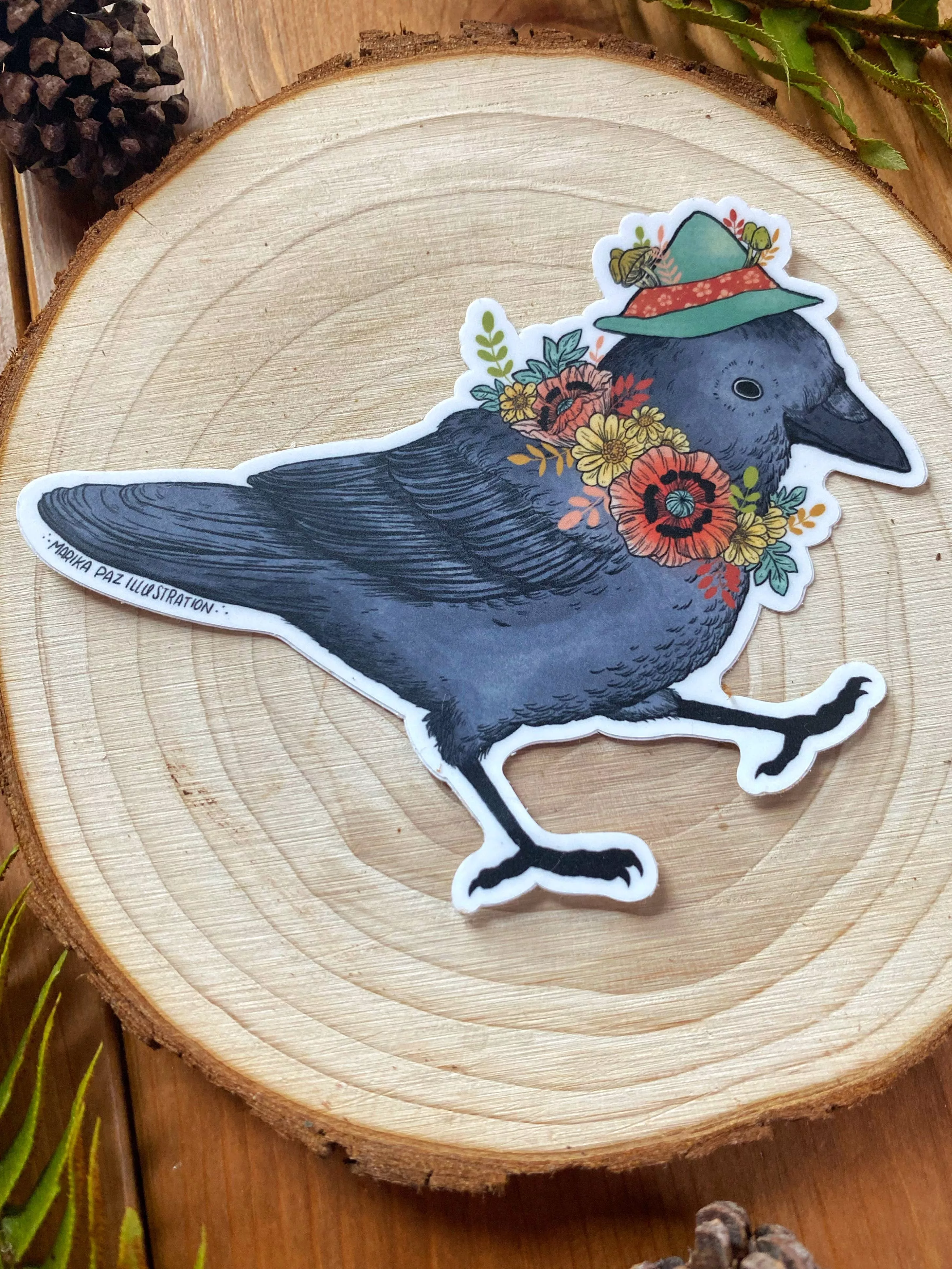 Corvid with Flower Wreath Sticker