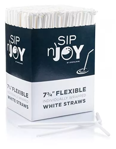 Crystalware Bulk Pack of 380 Flexible Plastic Drinking Straws - White, Individually Wrapped, Food-Safe BPA Free, 7.75 Inches Long (380 Straws)