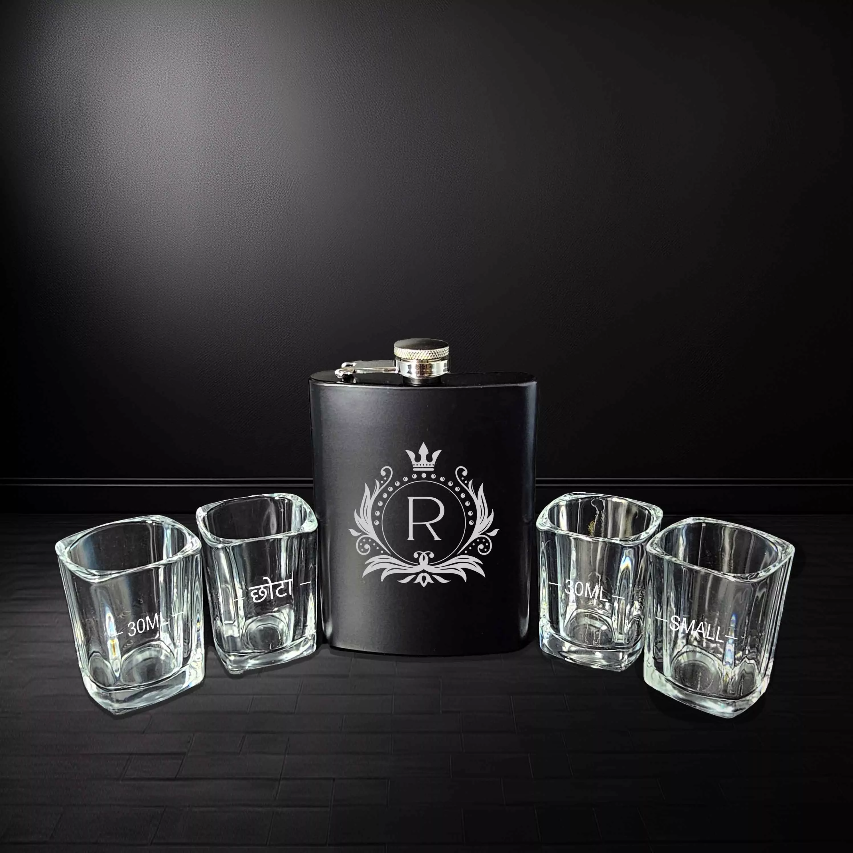 Custom Whiskey Flask with 4 Shot Glasses