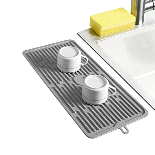 Dish Mat Silicone Dish Drying Mats Works For Drying Stemware Cocktail Glasses Silverware Pots Pans Knives and Dish Rack for Kitchen Counter Sink Bar Pads Easy to Clean 17.3*7.9*0.2 (Gray)
