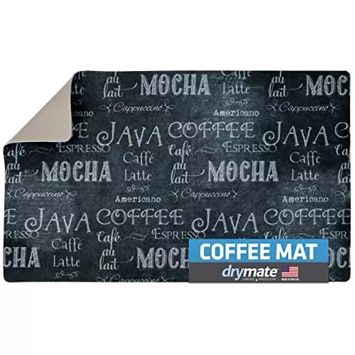Drymate Coffee Maker Mat, (Coffee Station Bar Accessory) Protects Kitchen Countertops From Spills, Stains & Scratches - Absorbent/Waterproof/Machine Washable (USA Made) (12 x 20) (Java Chalkboard)