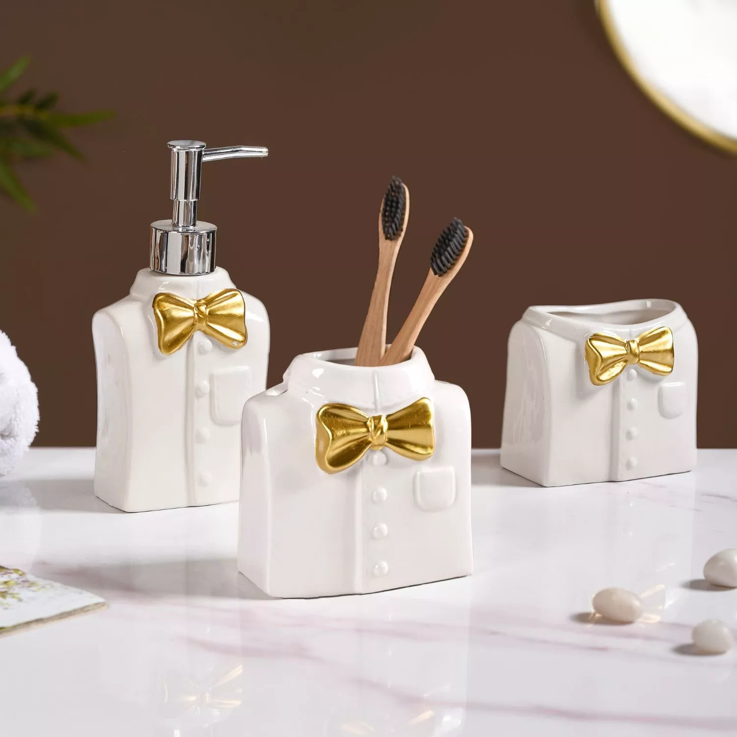 Eclectic Bow Tie Shirt Ceramic Bath Set Of 3 White