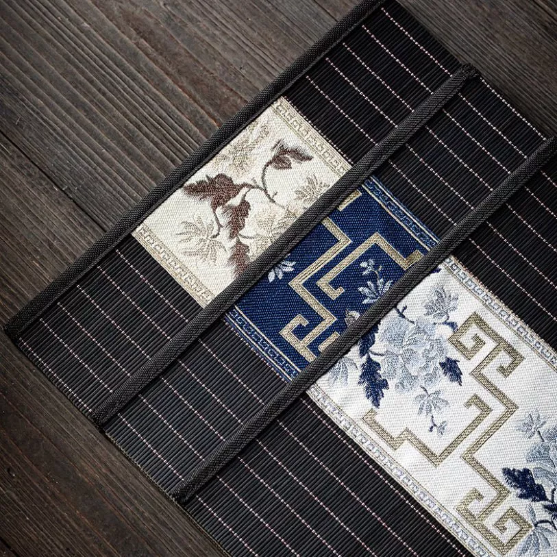 Elegant Black Bamboo Tea Mat (Table Runner) with Brocade Center