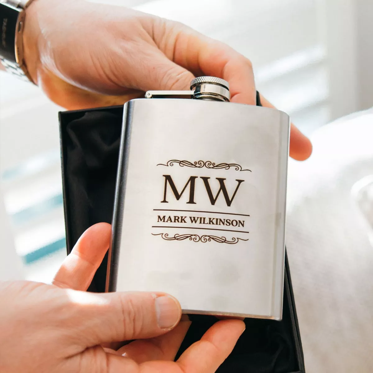 Engraved 7oz Silver Hip Flask with Gift Box