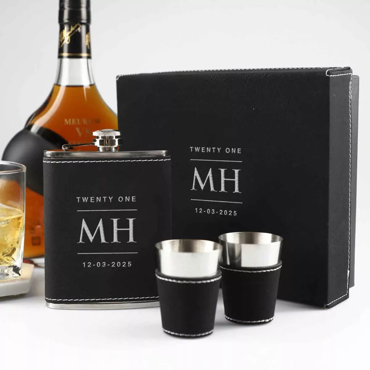 Engraved Birthday Black Leatherette 8oz Hip Flask Set