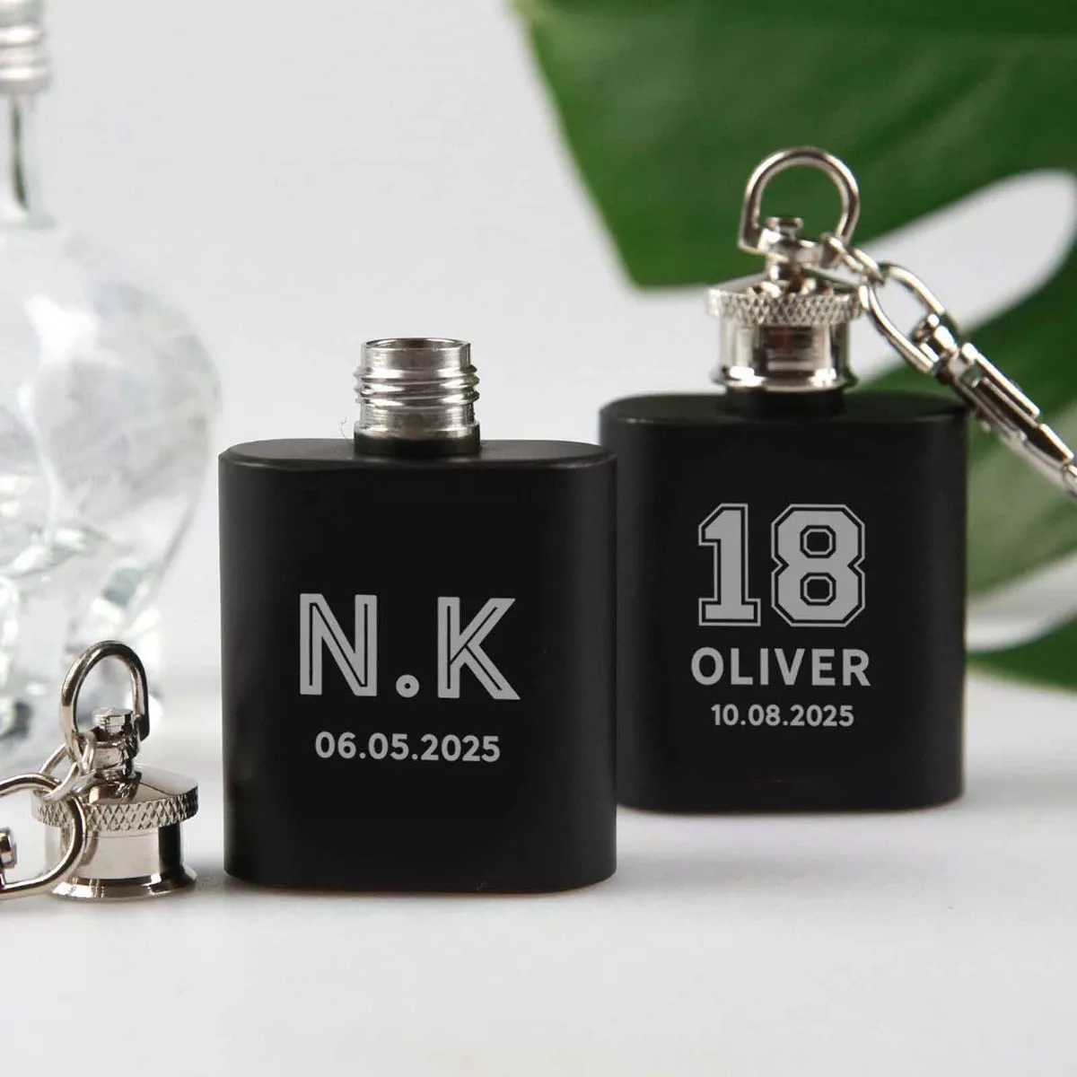Engraved Birthday Black Mini Hip Flask Keyring