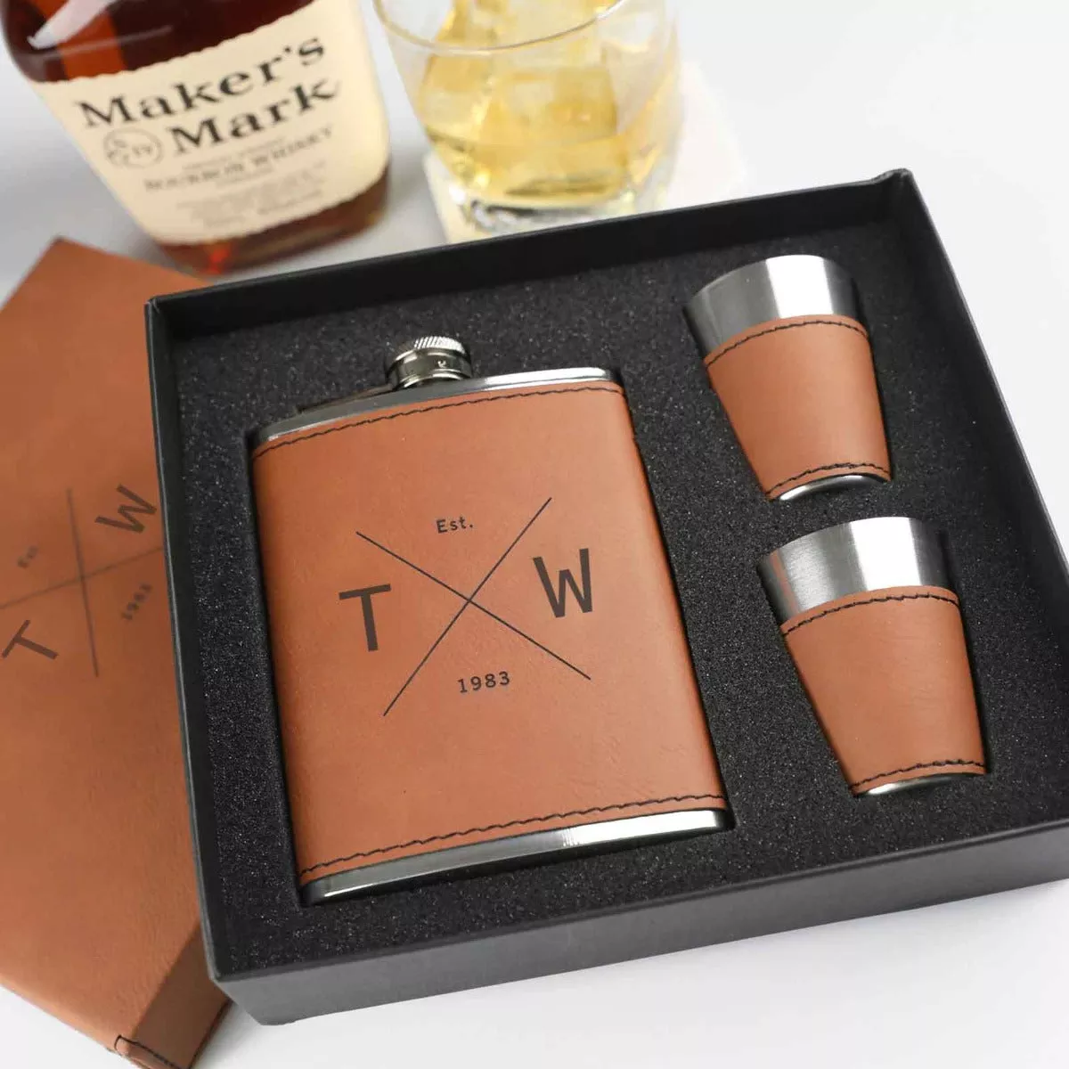 Engraved Birthday Tan Leatherette 8oz Hip Flask Set