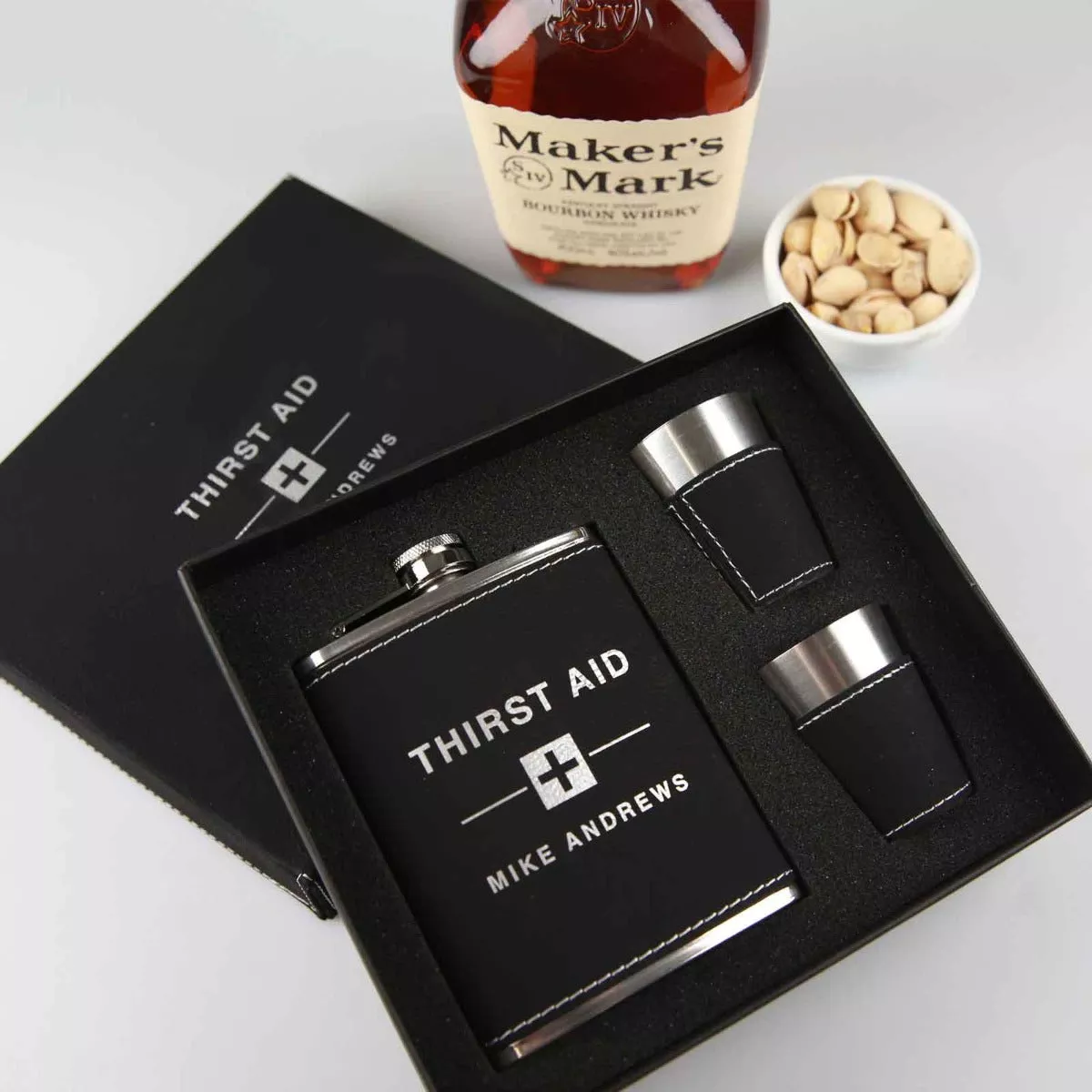 Engraved Black Leatherette 8oz Hip Flask Set Christmas Gift