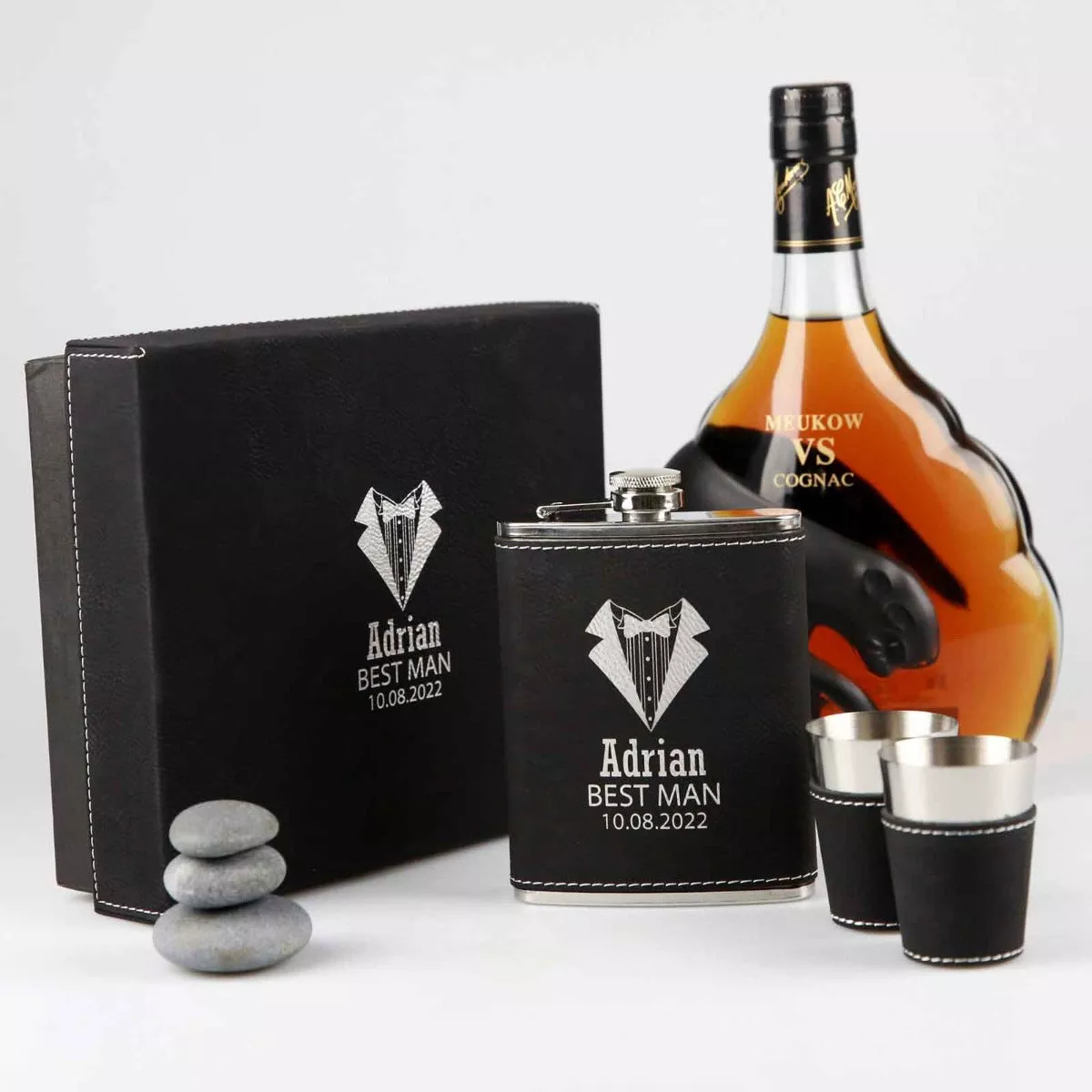 Engraved Bridal Party Black Leatherette 8oz Hip Flask Set