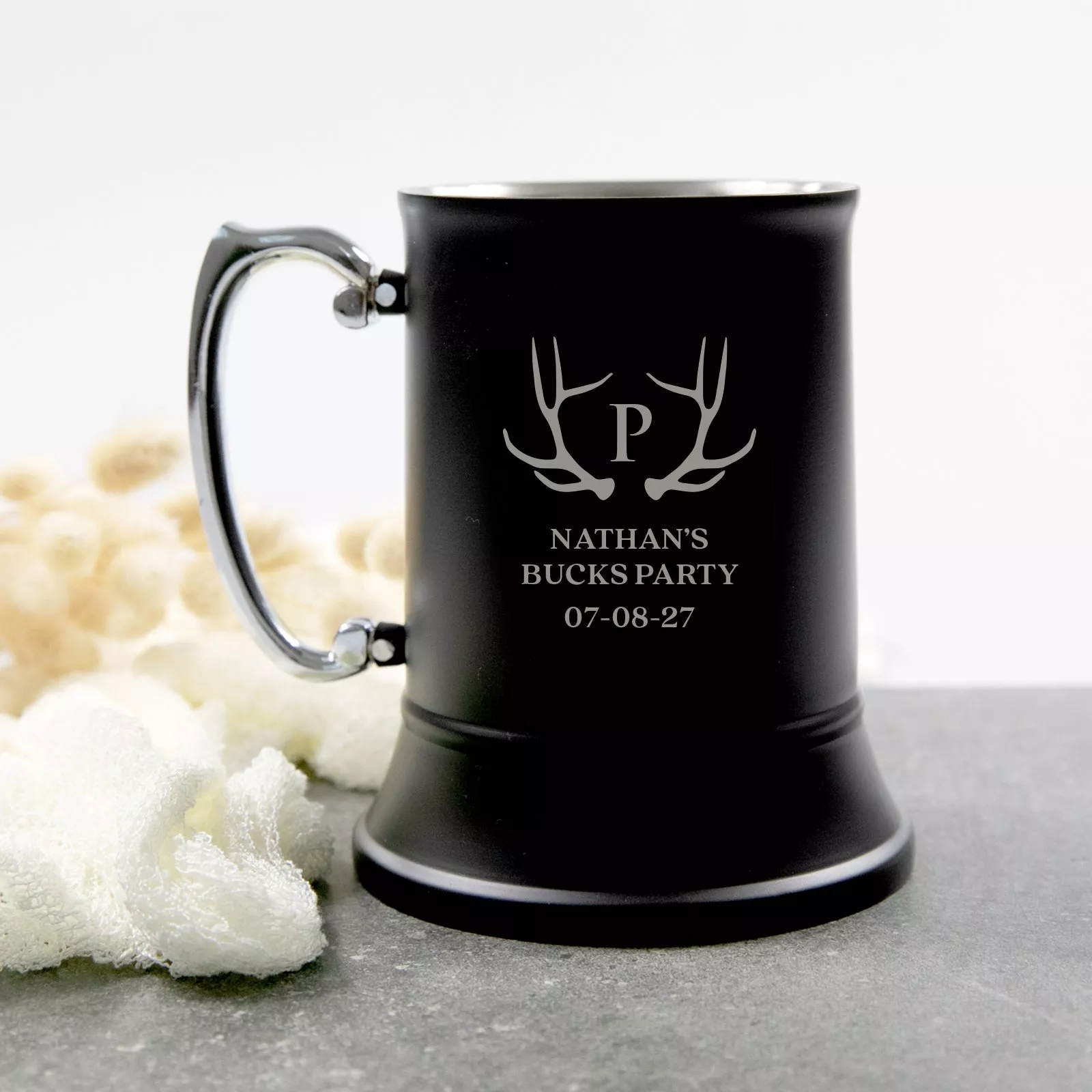 Engraved Bucks Party Matte Black Metal Beer Mug