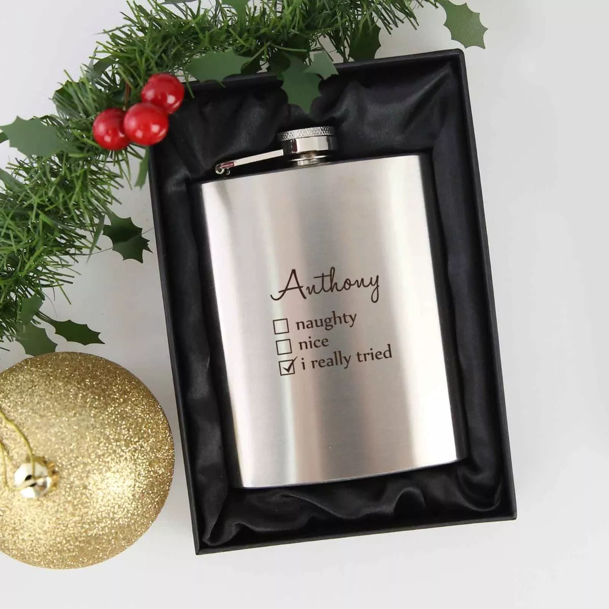 Engraved Christmas Silver Hip Flask