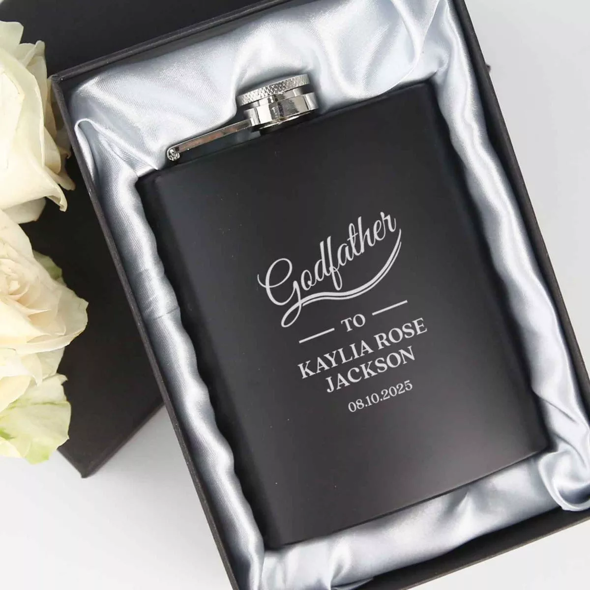 Engraved Godparent Black Hip Flask