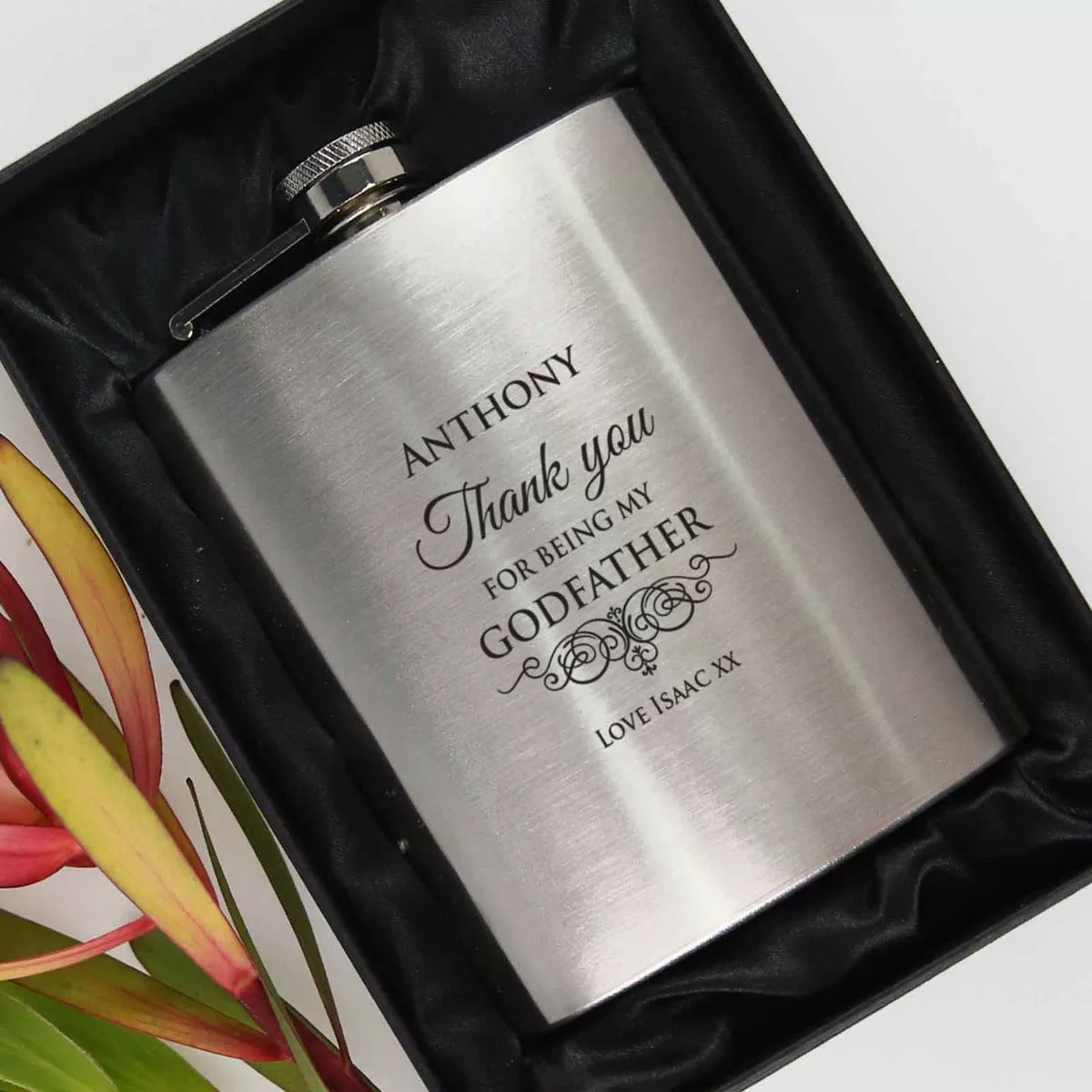 Engraved Godparent Silver Hip Flask