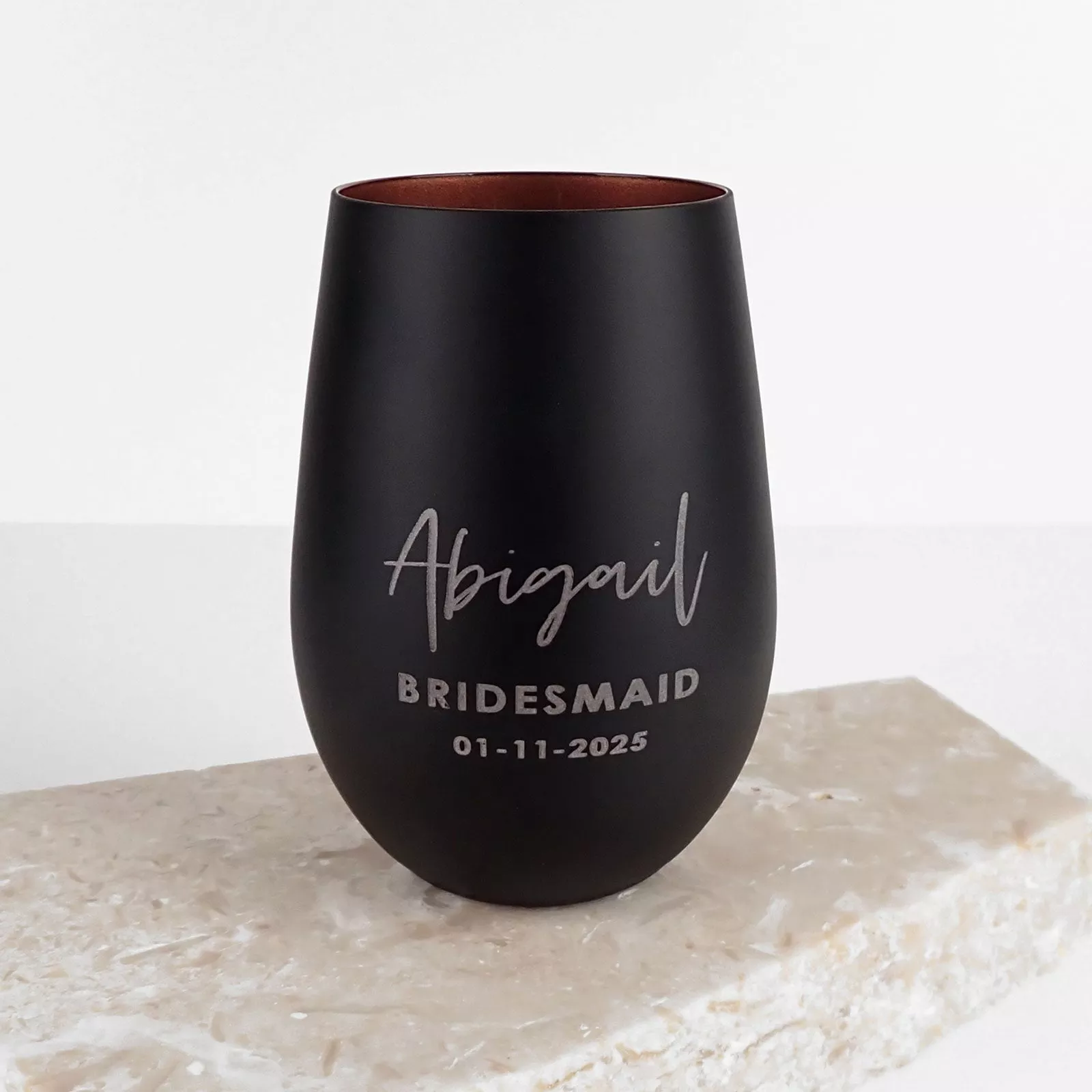 Engraved Matte Black 465ml Stemless Wine Glass
