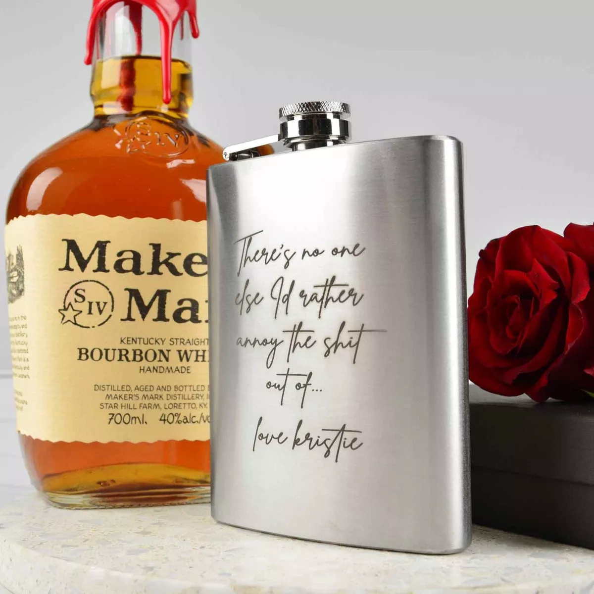 Engraved Valentine's Day Hip Flask Silver