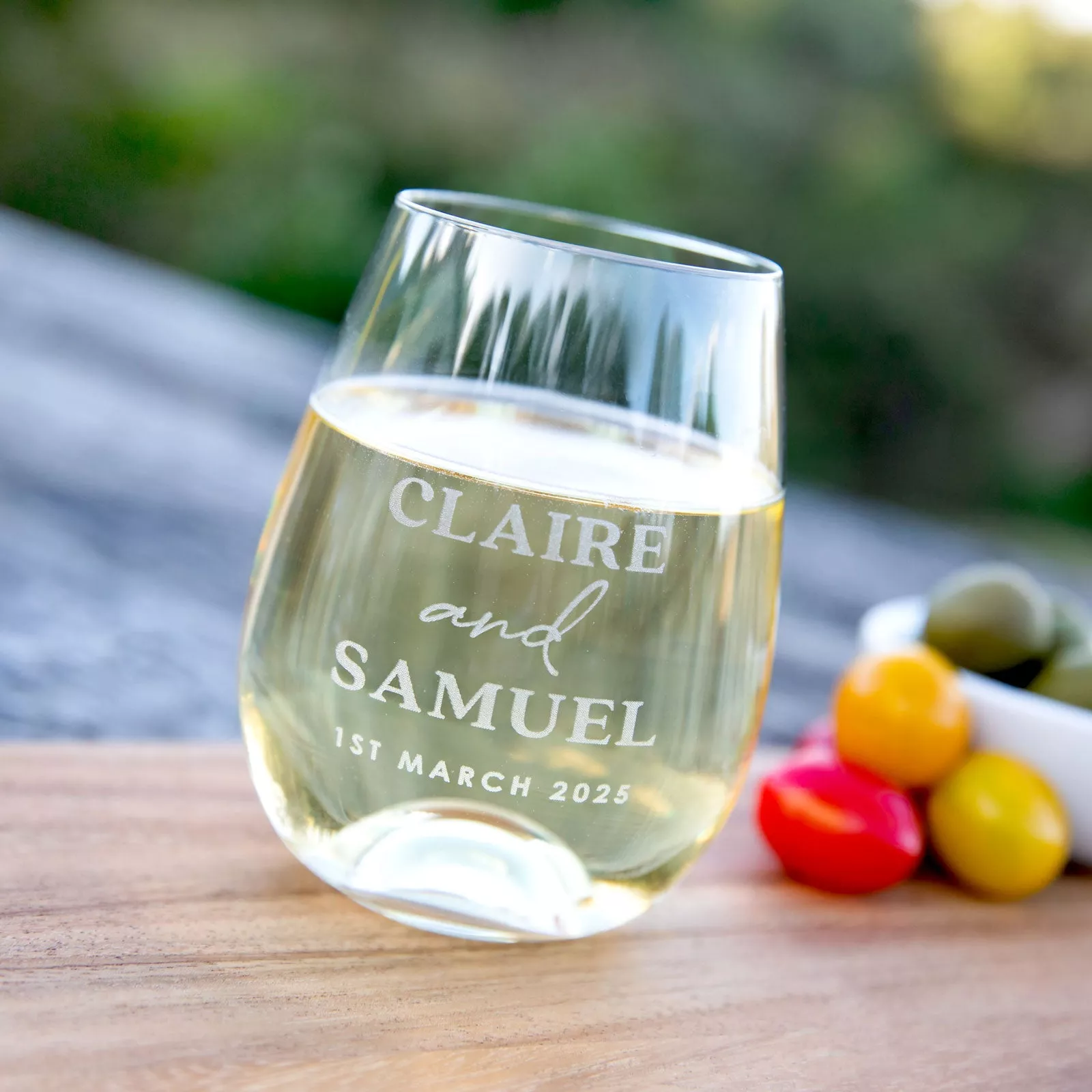 Engraved Wedding Favour 460ml Stemless Wine Glass