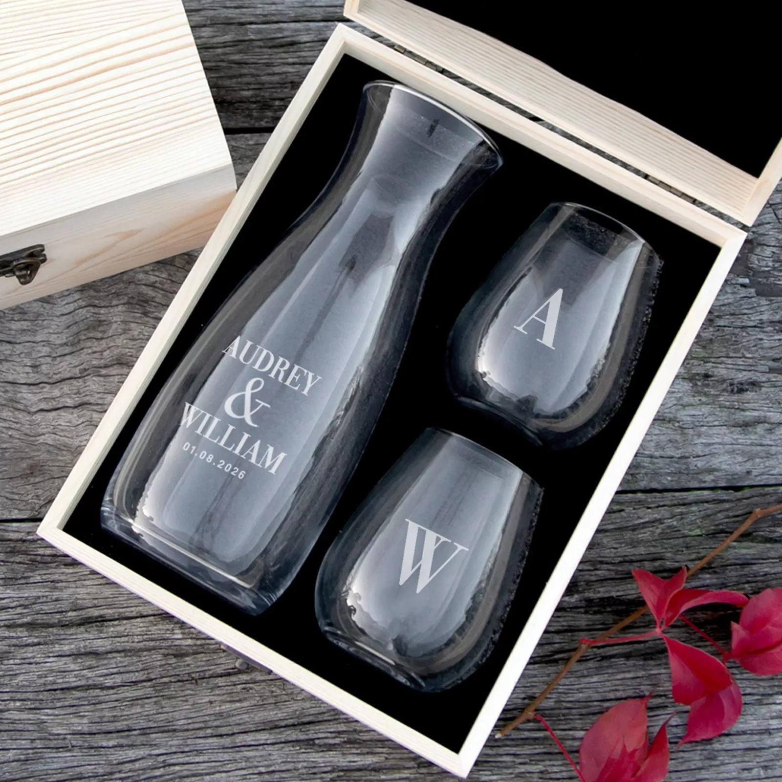 Engraved Wedding Wooden Gift Boxed Wine Decanter Set