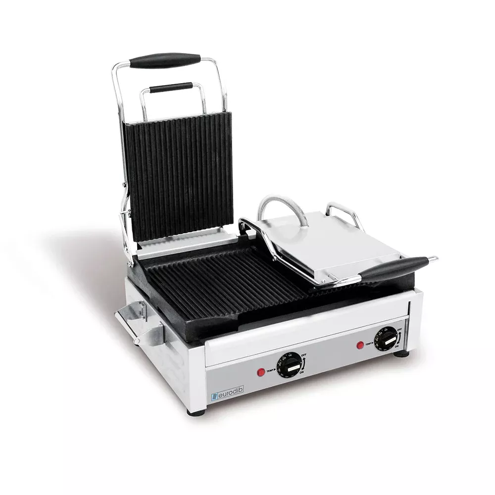 Eurodib SFE02375 18 x 11 Cooking Surface Double Panini Grill with Left Side Flat and Right Side Ribbed Plates - 240V