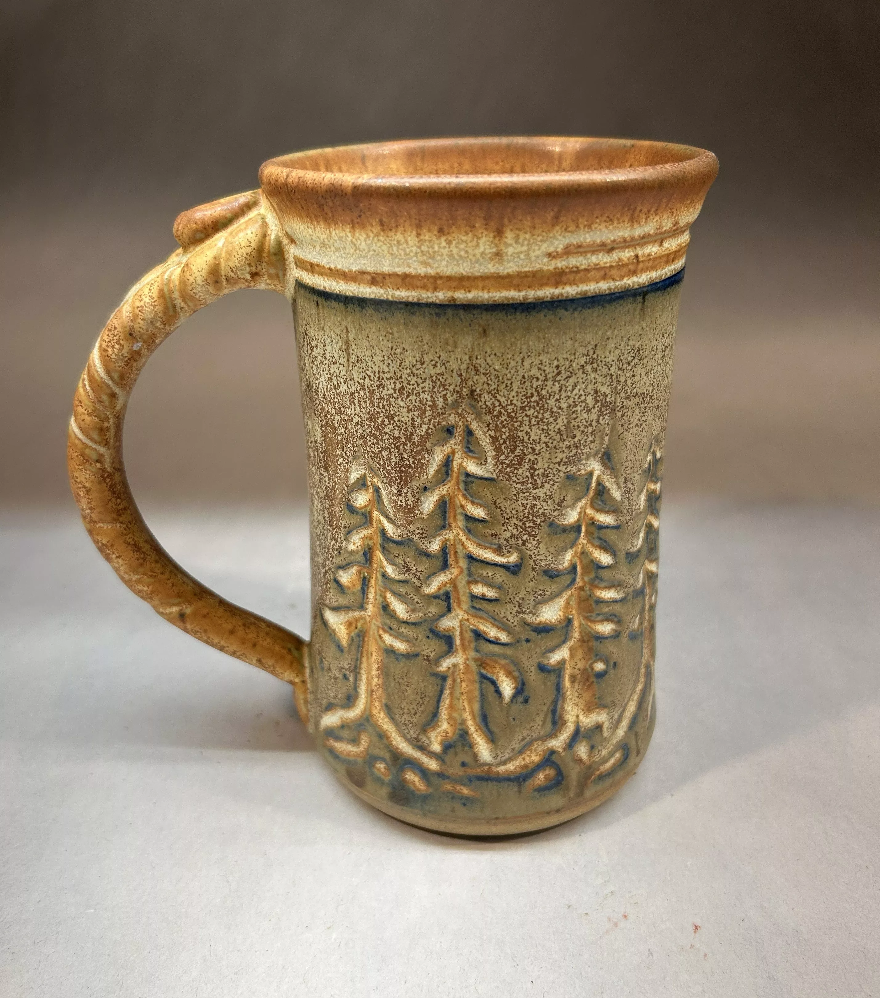 Extra Large Pottery Mug with Carved Tree design in Blue Underglaze