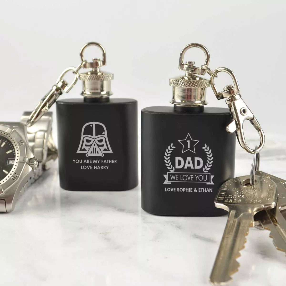 Father's Day Engraved Black Mini Hip Flask Keyring