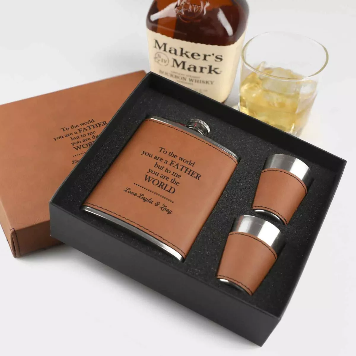 Father's Day Engraved Tan Leatherette 8oz Hip Flask Set