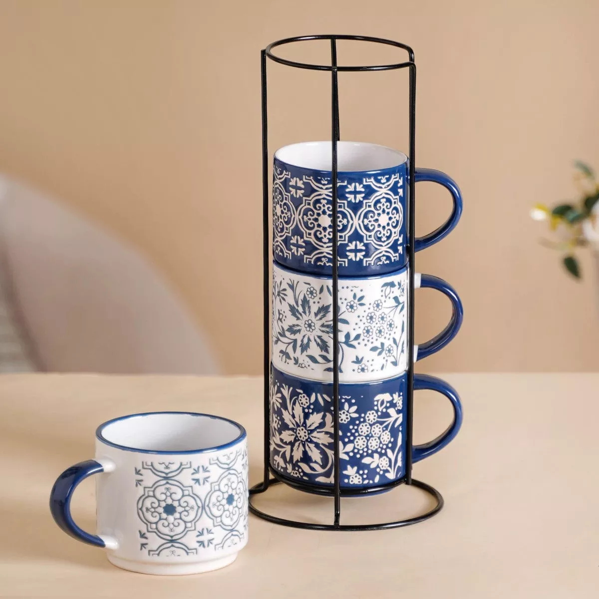 Floral Design Stackable Coffee Mugs Set of 4 210ml