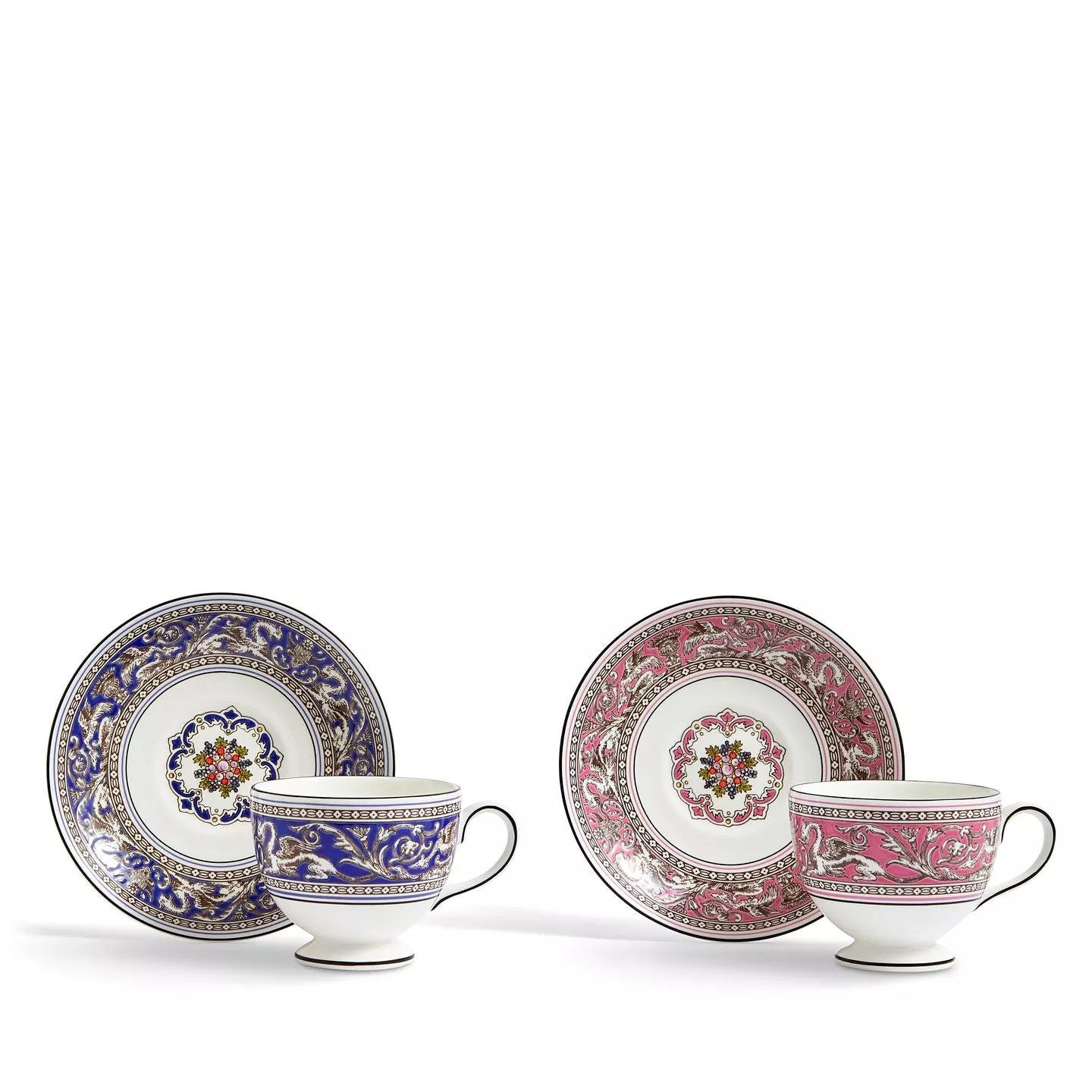 Florentine Teacup & Saucer Blue/Pink, Set of 2