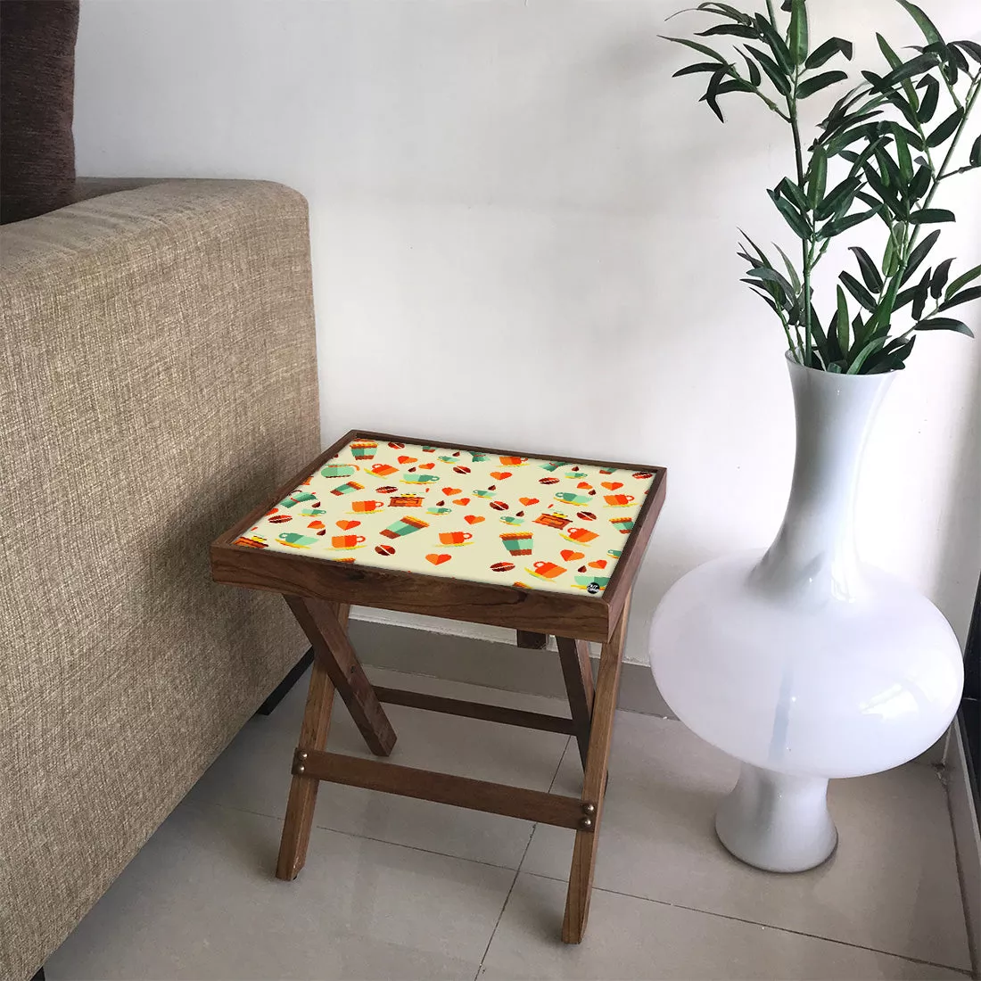 Folding Side Table - Teak Wood - Coffee Cup