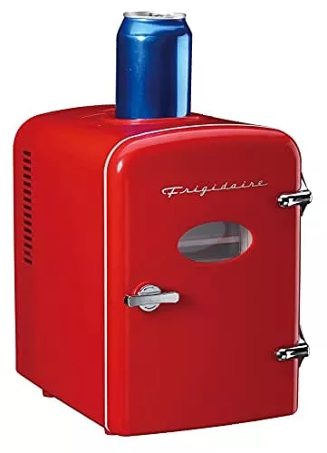 Frigidaire Mini Portable Compact Personal Fridge, 6+1 Can Capacity with Active Cooling Can Holder on Top, 100% Freon-Free & Eco Friendly, Includes AC/DC Wall/Car Charger (Red)