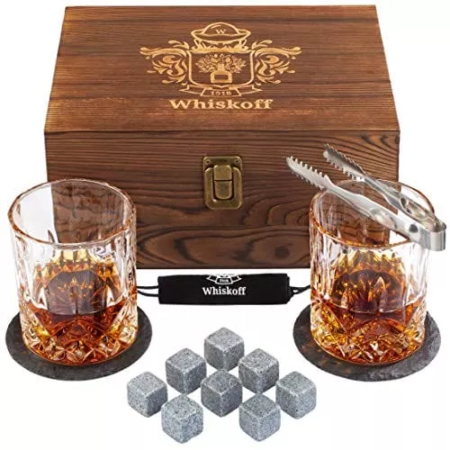 : Gifts For Men Dad – Whiskey Glass Set of 2 – Bourbon Whiskey Stones Wood Box Gift Set – Includes Crystal Whisky Glasses, Chilling Rocks, Slate Coasters for Scotch Wisky Burbon Gifts