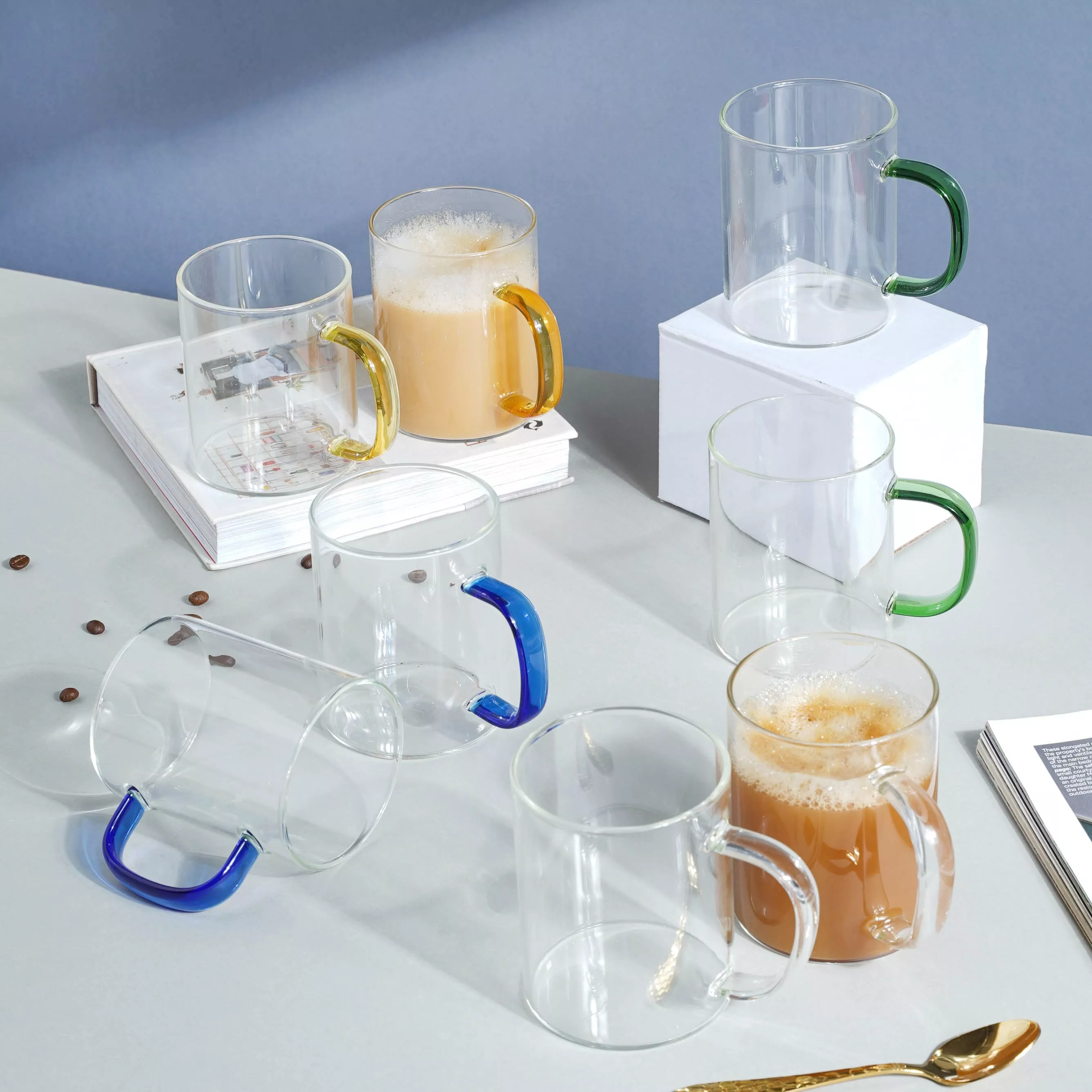 Glass Tea Mug Set of 2|Transparent&Blue&Yellow&Green