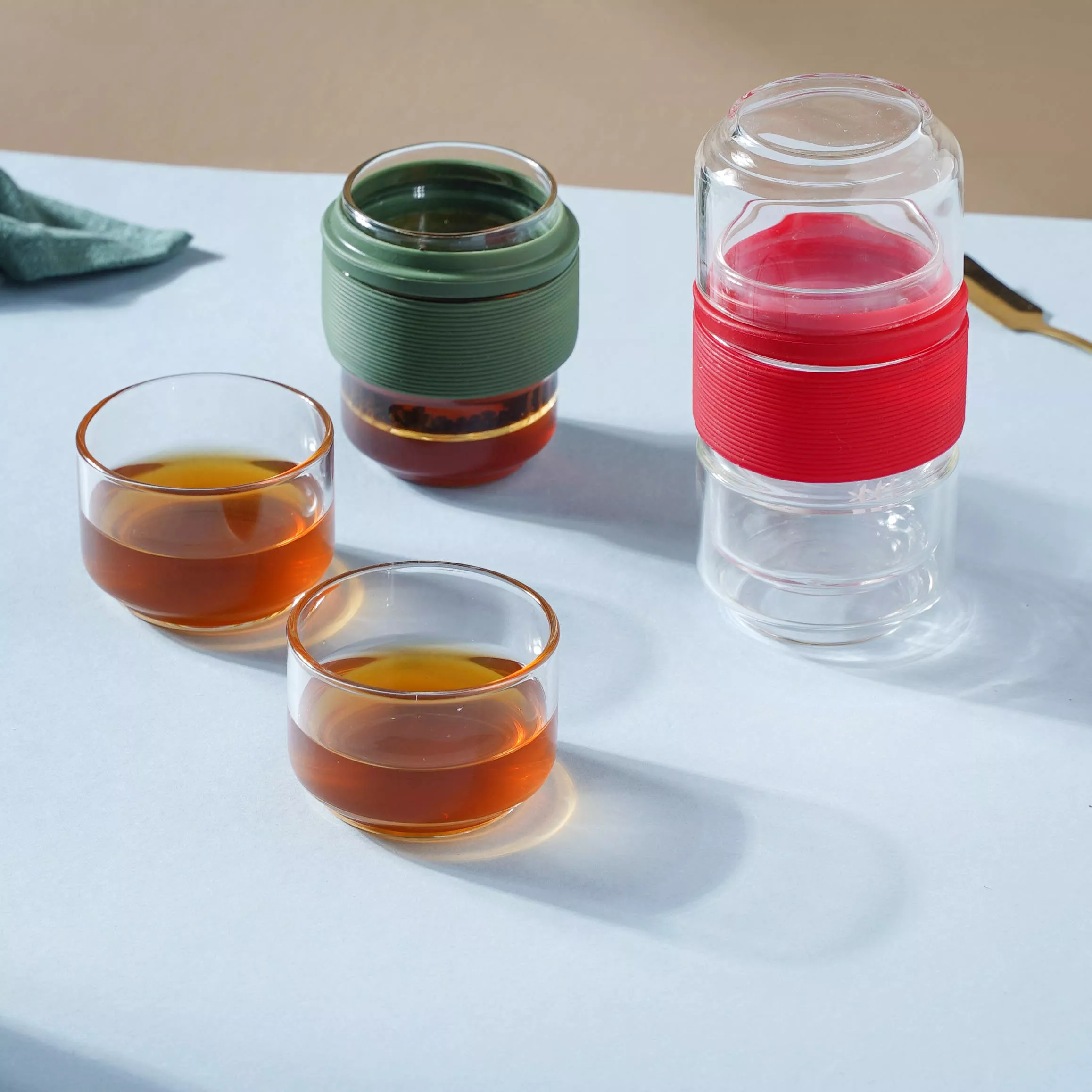 Glass Travel Teapot Set|Red&Green