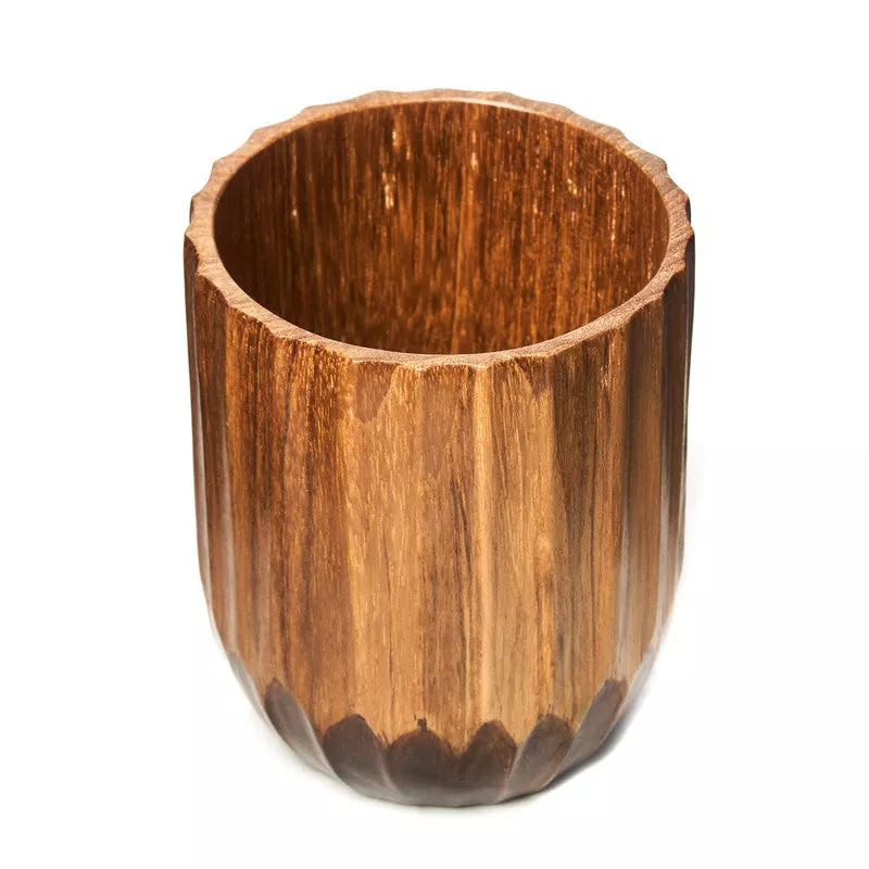 Hand-Painted Grooved Teak Wood Cup Jar Container - Small