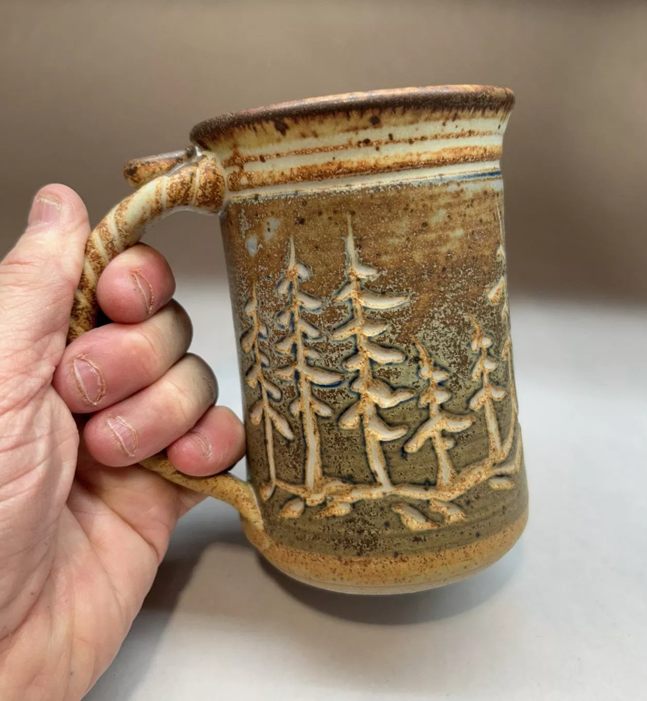 Handmade Pottery Mug with Tree Design Glaze Nature-Inspired Ceramic Drinkware