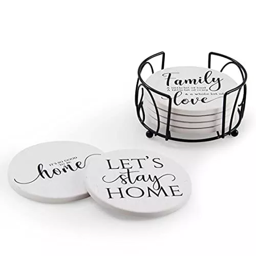 Hoomey Coasters for Drinks, Set of 6 Absorbent Drink Coasters with Holder, Rustic Ceramic Drink Coasters with Cork Backing for Table Protection, Housewarming Gifts, Farmhouse Dcor