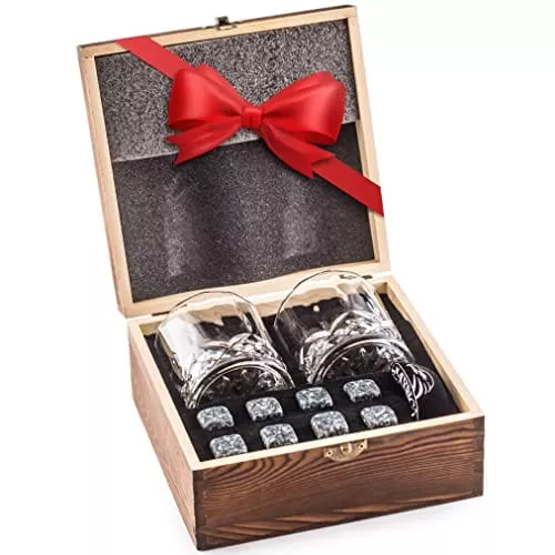 : Impressive Whiskey Stones Gift Set with 2 Glasses – Be Different When Choosing a Gift – Luxury Box with 8 Granite Whiskey Rocks, Ice Tongs – Ice Cubes Reusable – Best Man Gift