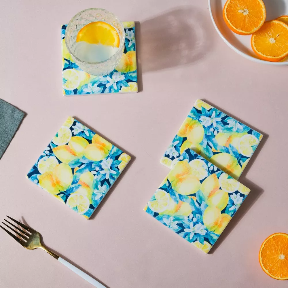 Lemon Matte Ceramic Square Tile Coaster Set Of 4