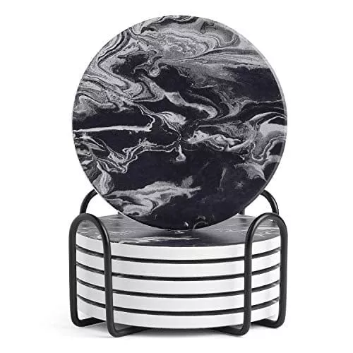 LIFVER Coasters with Holder, Set of 6 Coasters for Drinks Absorbent Stone, Black Marble Style Ceramic Drink Coaster for Tabletop Protection