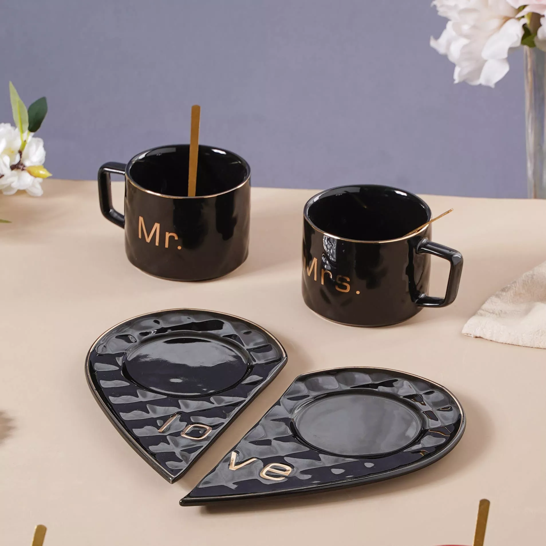 Love Cup and Plate Set|White&Pink&Red&Black