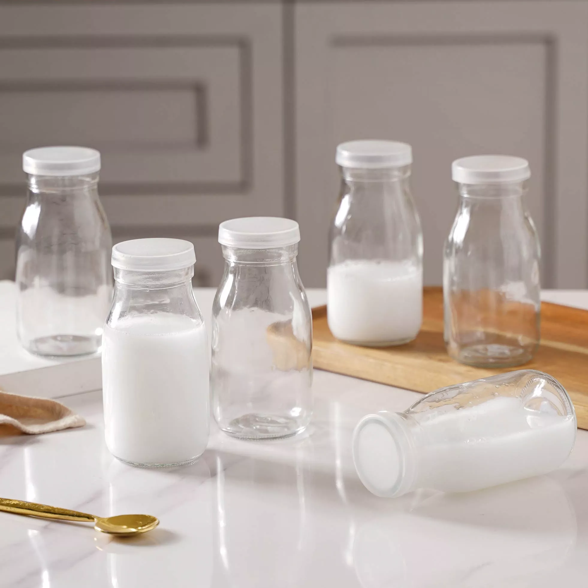 Milk Glass Bottle with Lid Set of 6