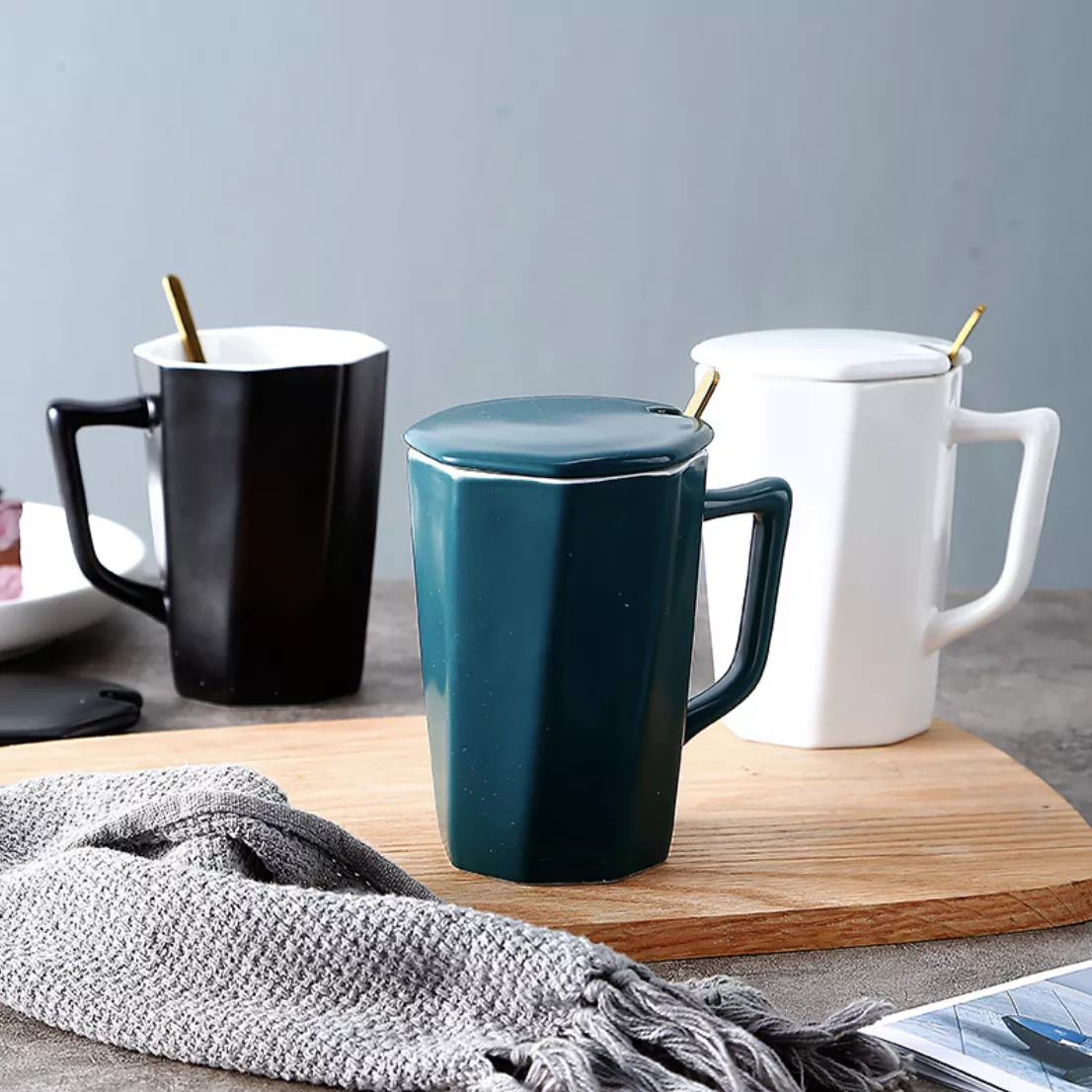 Mug and Spoon Set|White&Black&Dark Green